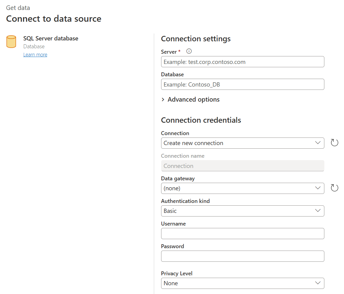 Skærmbillede af SQL Server-databaseforbindelsesgeneratoren i Power Query Online.