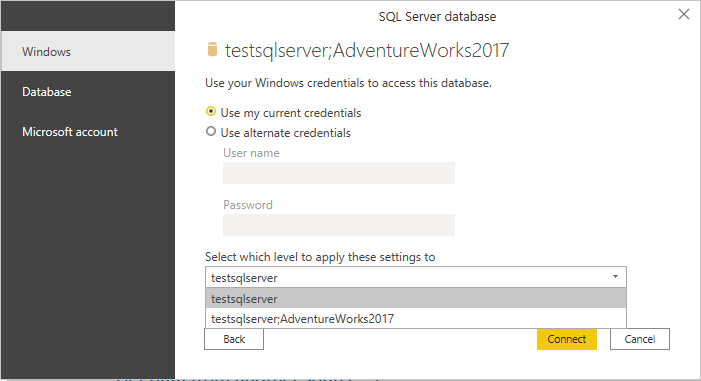 Skærmbillede af SQL Server-databasegodkendelse.