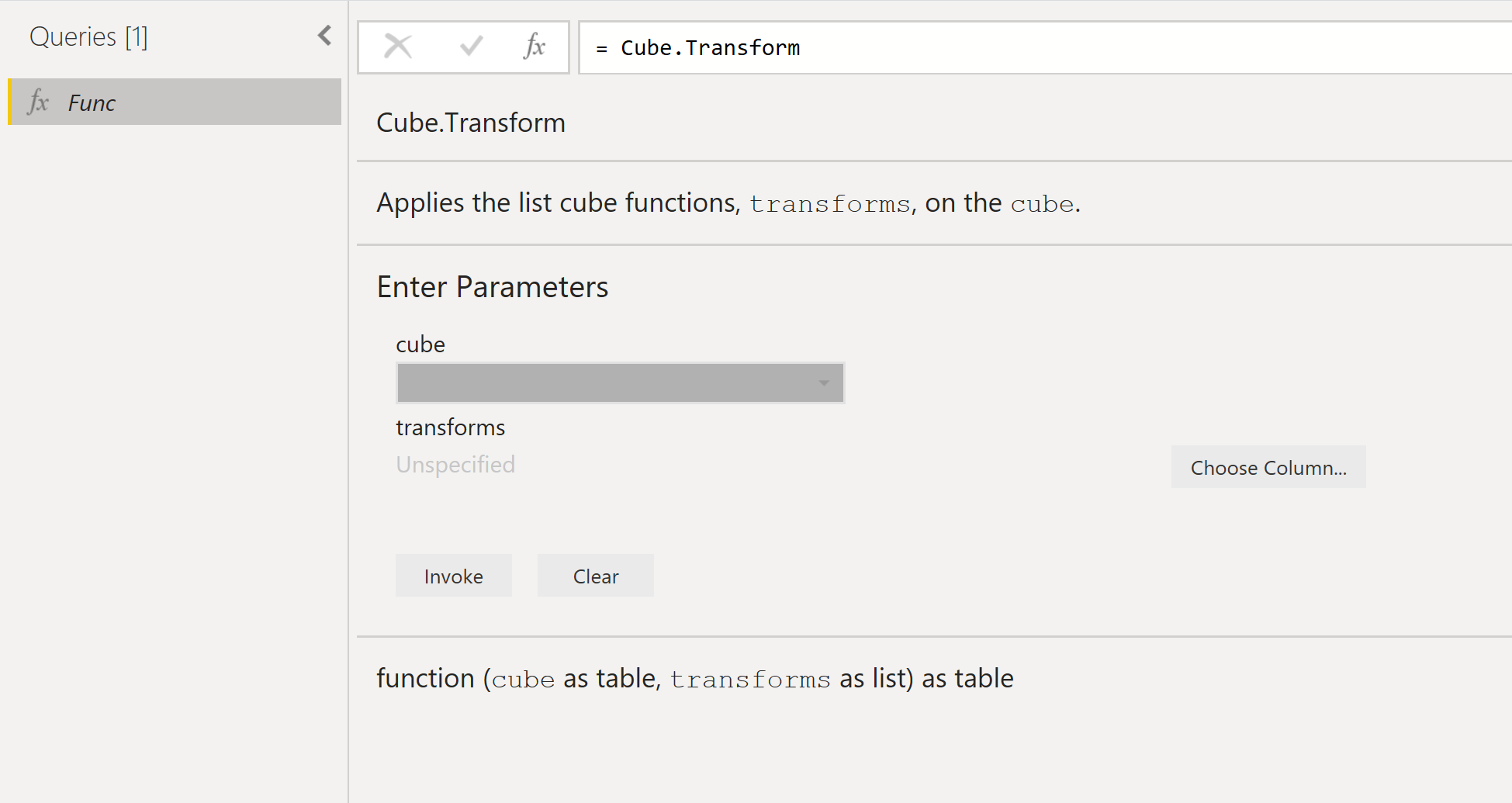 Billede af dialogboksen Opret funktion, der viser oplysninger om funktionen Cube.Transform.