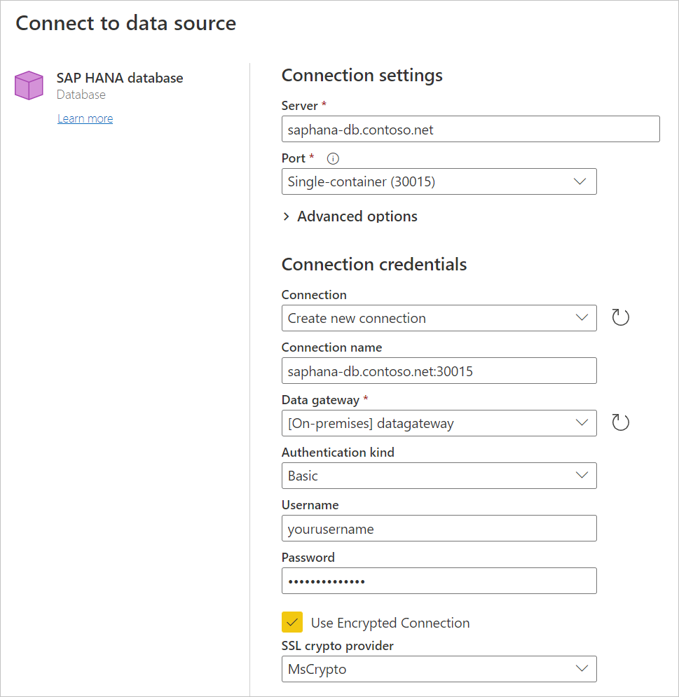 Onlinelogon til SAP HANA-database.