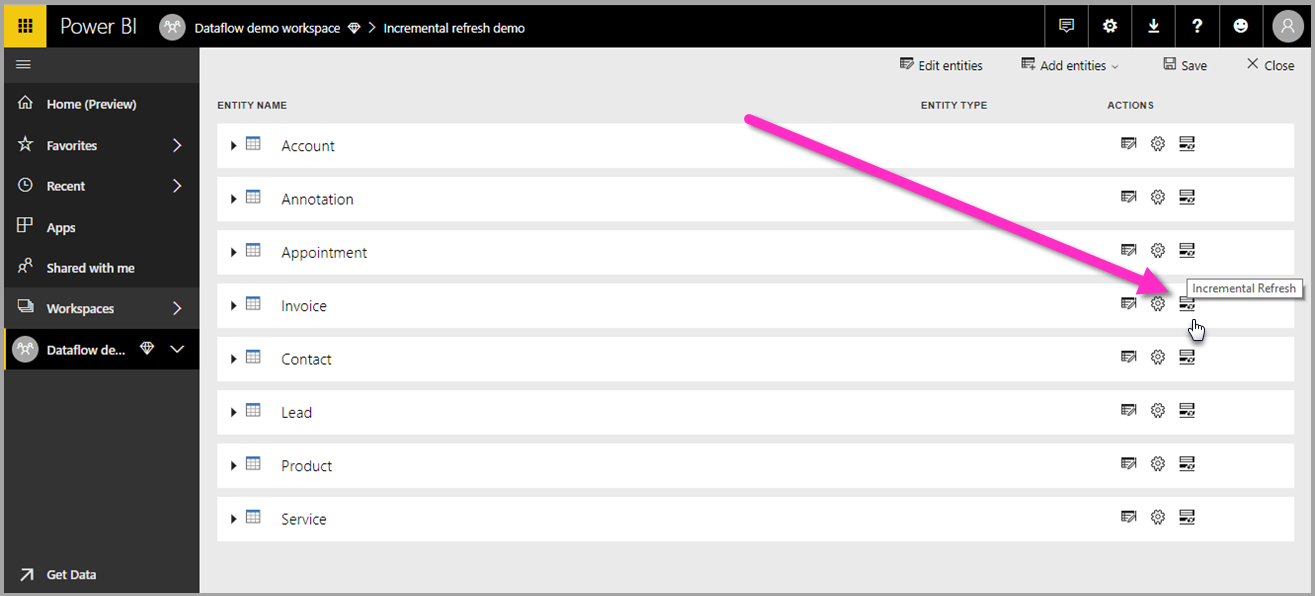 Ikon for trinvis opdatering af dataflow.