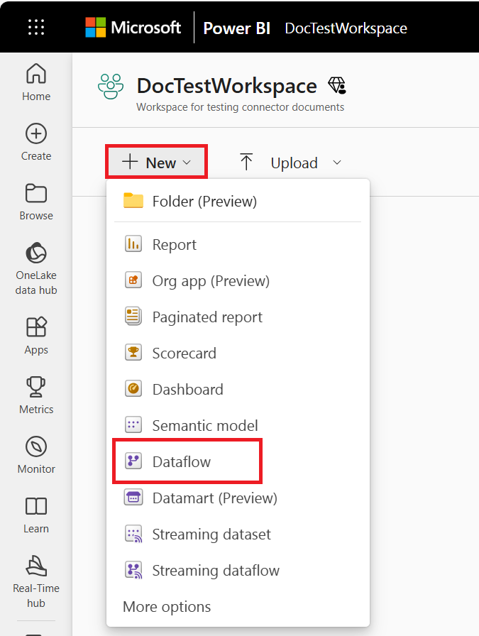 Skærmbillede af arbejdsområdet Power BI-tjeneste med de trin, der understreger, hvordan du opretter et analytisk dataflow i Power BI.