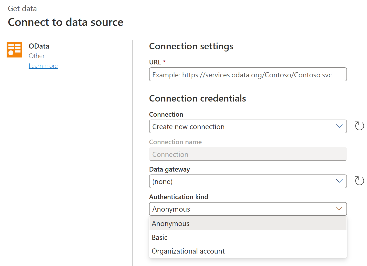 Skærmbillede af vinduerne Opret forbindelse til datakilde for OData-connectoren i Power Query Online.