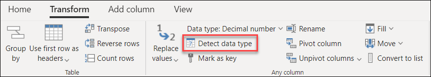 Kommandoen Registrer datatype under fanen Transformér.