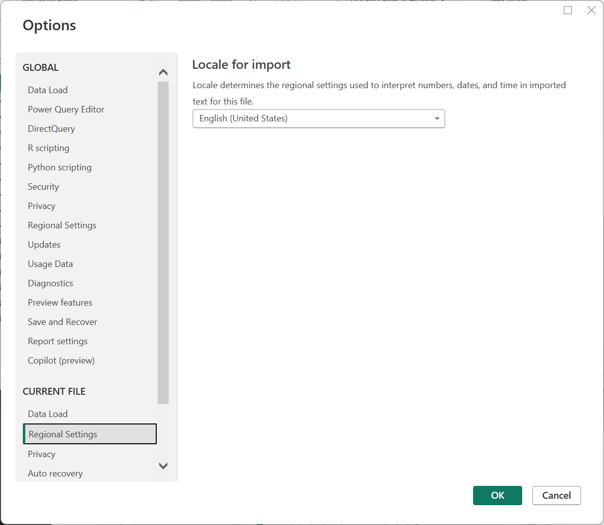 Landestandardindstilling i Power Query til Desktop.