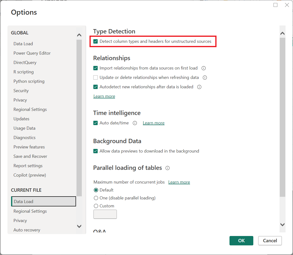 Registrer automatisk indstillingen Datatype i Power Query til Desktop.