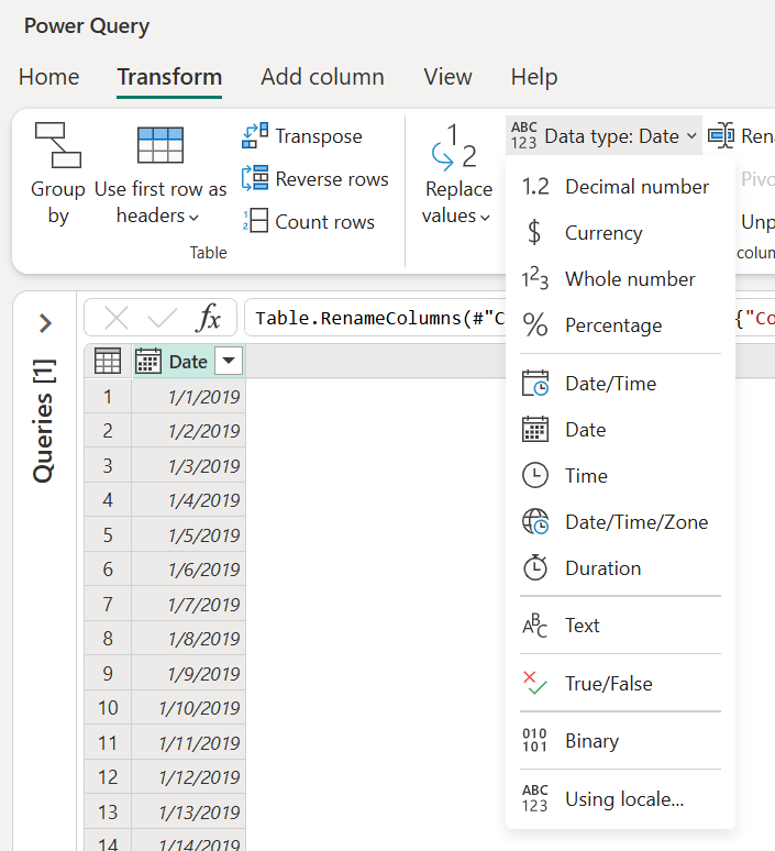 Menuen Datatype under fanen Transformér.