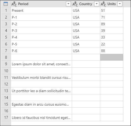 Indledende eksempeltabel med kolonneoverskrifter, der alle er af datatypen Tekst, syv rækker med data og derefter en sektion til kommentarer.