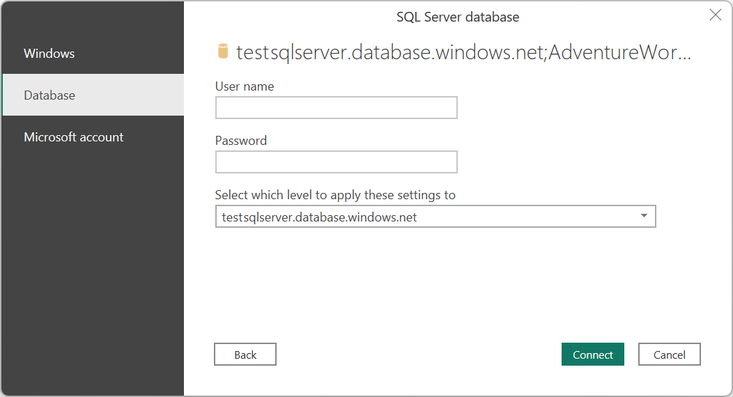 Skærmbillede af godkendelsesmetoderne for SQL Server-databaseconnectoren.