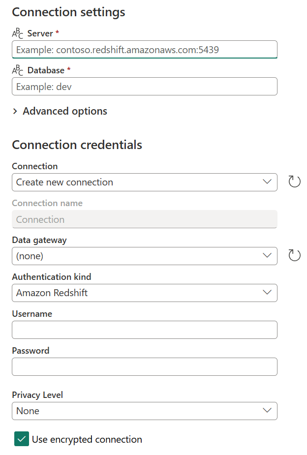 Opret forbindelse til datakildedialogboksen med alle oplysninger for at oprette en ny forbindelse.