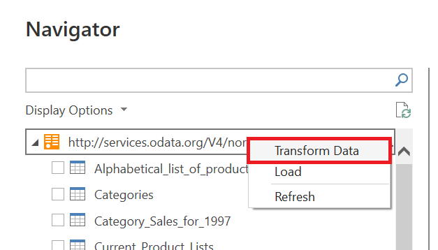 Skærmbillede af Navigator med transformeringsdata fra rullemenuen fremhævet.