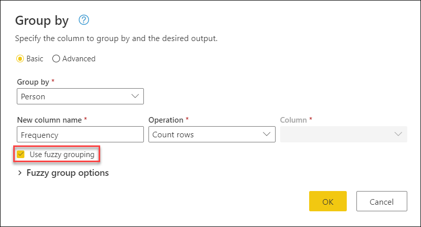 Skærmbillede af afkrydsningsfeltet Fuzzy gruppering fremhævet i dialogboksen Gruppér efter.