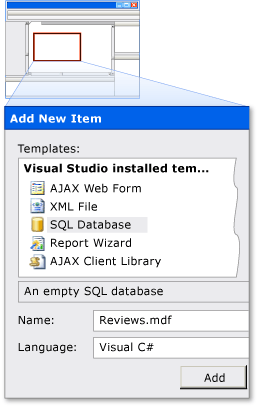 Add a SQL Database item named Reviews.mdf