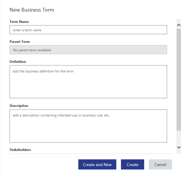 The new business term menu, which includes information like term name, parent term, definition, description, and stakeholders. The information is editable.