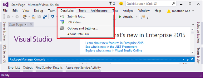 U-SQL Visual Studio menu