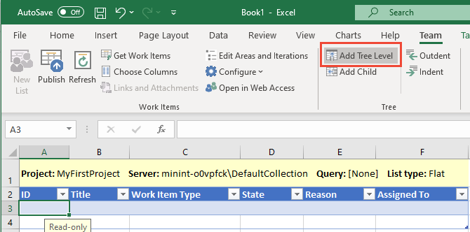 Empty flat list connected to a project, Add Tree Level