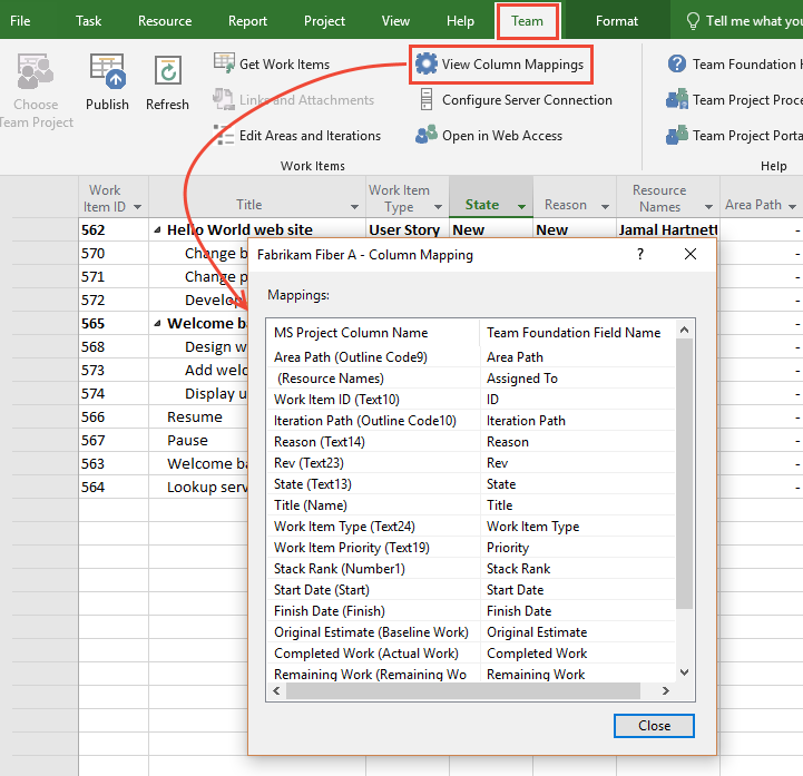 View of work tracking fields mapped to project fields