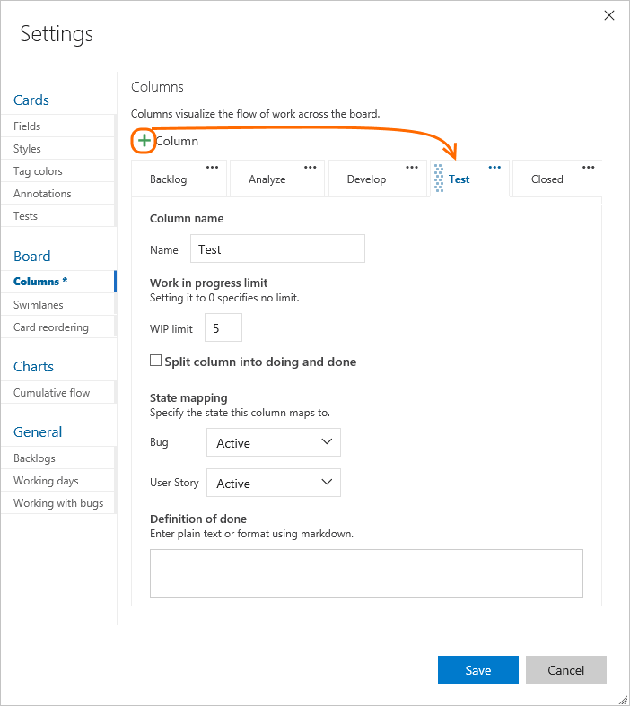 Screenshot that shows the Settings dialog and selections for adding a Test column.