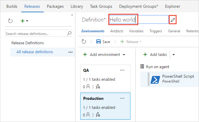 Rename the release pipeline to hello world