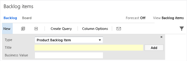 Backlog panel with Business Value field added