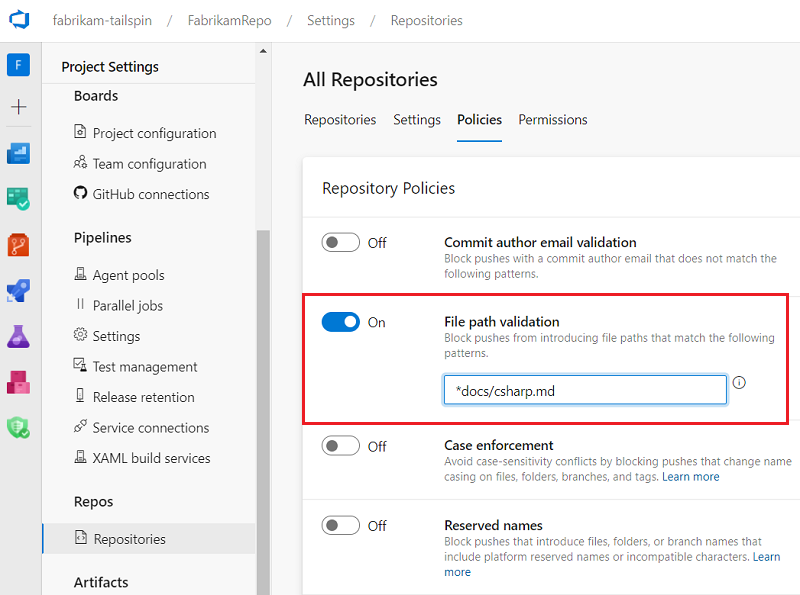 Screenshot that shows the File path validation policy setting.