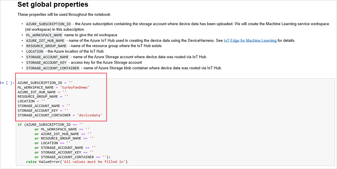 Screenshot that shows setting global properties in the notebook.