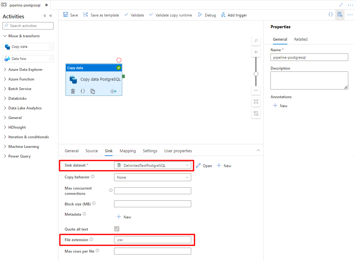 Screenshot showing how to configure sink to import data from PostgreSQL into Azure Storage blob.