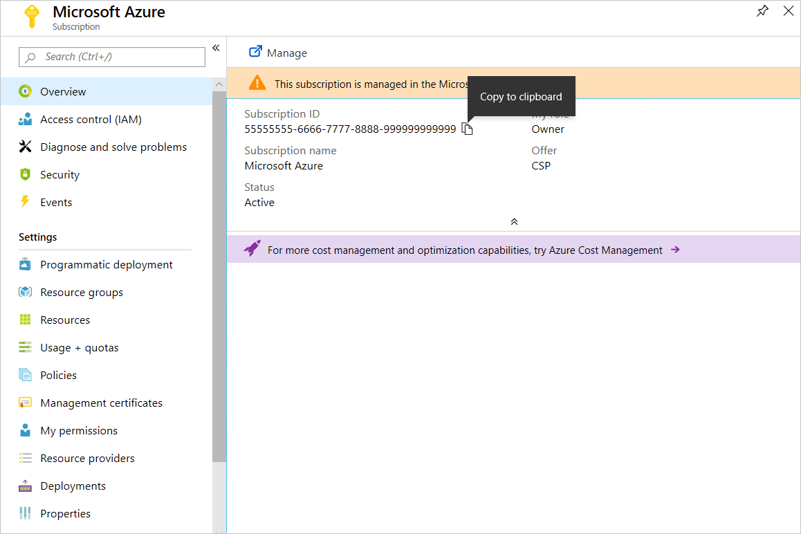 A screenshot of the Azure subscription properties. The mouse is hovering over the clipboard icon for "Subscription ID" to copy and paste.