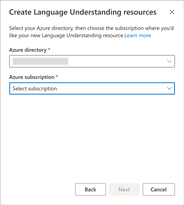 Resource group, region, and resource fields