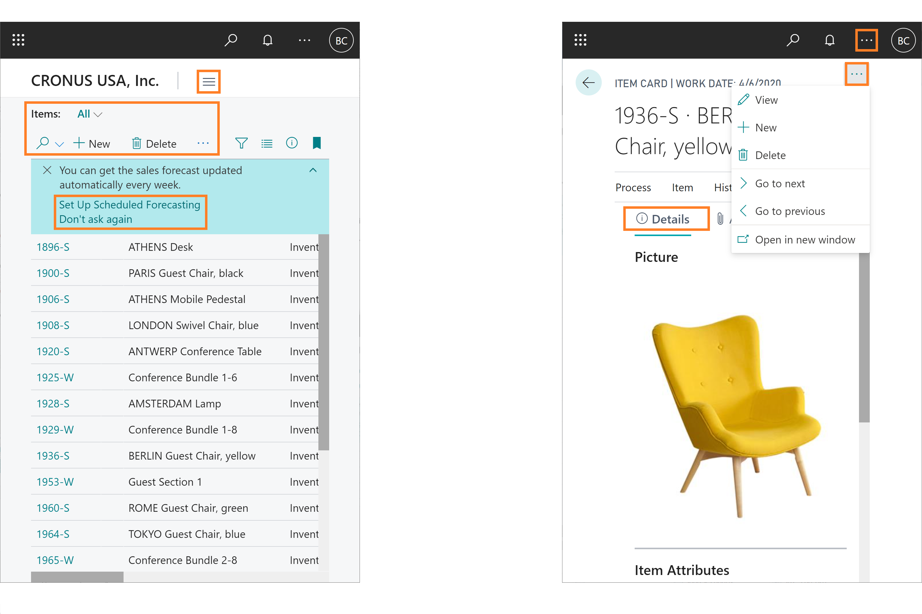 A list and card page at reduced width, annotated to indicate key differences