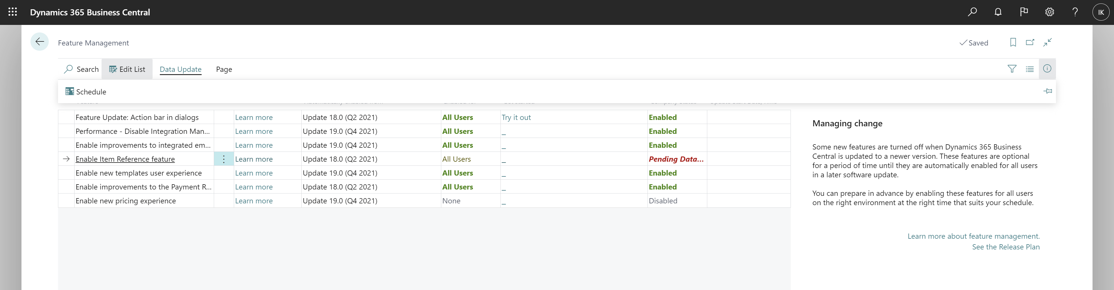 Feature Management page with Schedule action