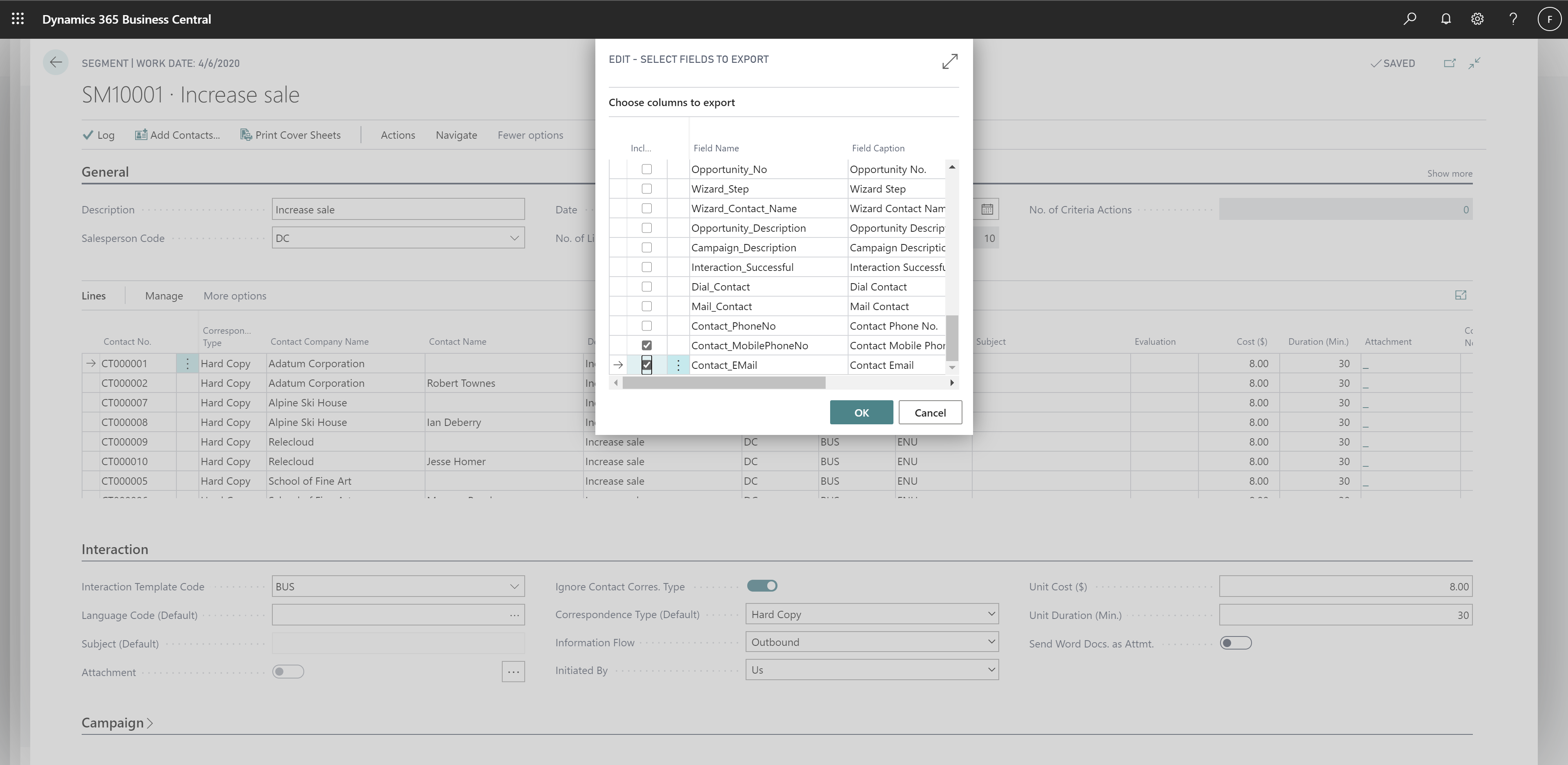 Shows export of contacts' mobile phone number and emails from segments