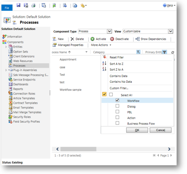 Processer, der er filtreret efter arbejdsproces i Dynamics CRM