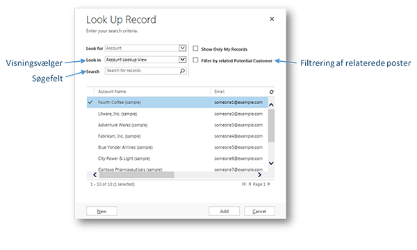 Elementer i opslagsdialog i Dynamics CRM