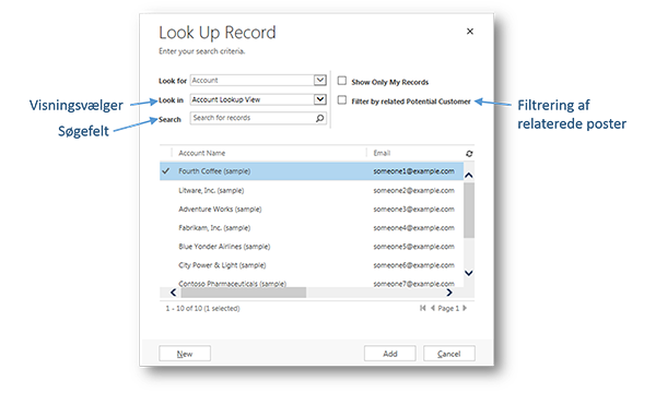 Elementer i opslagsdialogboks i Dynamics CRM