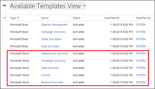 Disse skabeloner er inkluderet i Dynamics 365