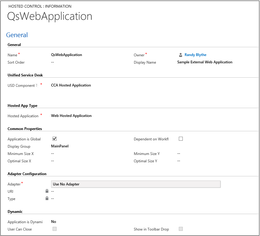 Skærmbillede af Web App Config i Dynamics 365