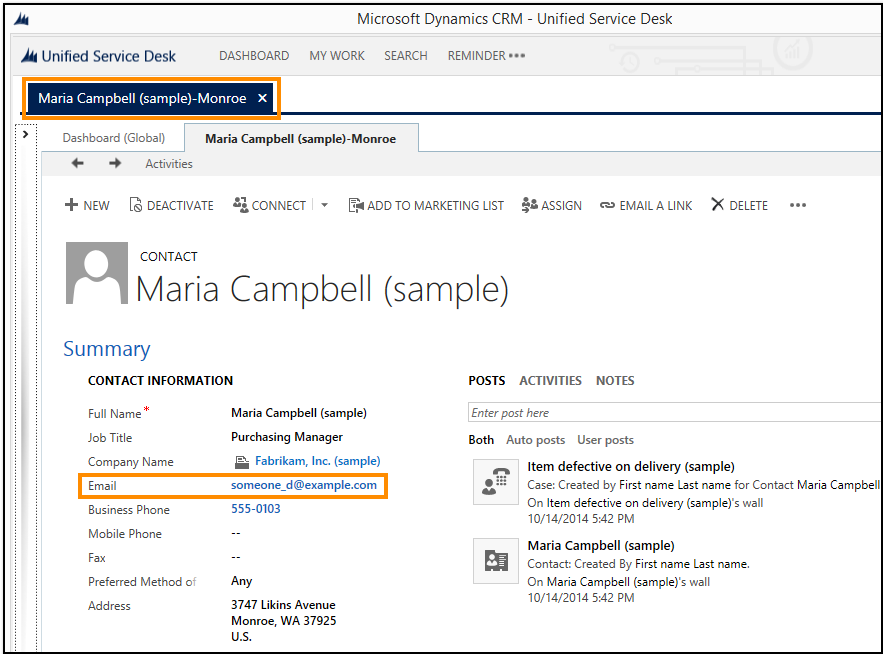 Matchende Dynamics 365-kontaktpersonpost vist i en session