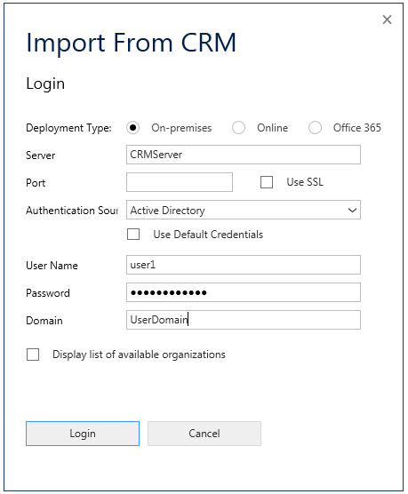 Skærmbillede af import fra CRM-dialogboksen