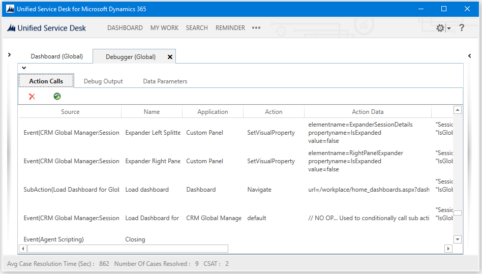 Handlingsopkaldsfane for fejlfinding i Unified Service Desk