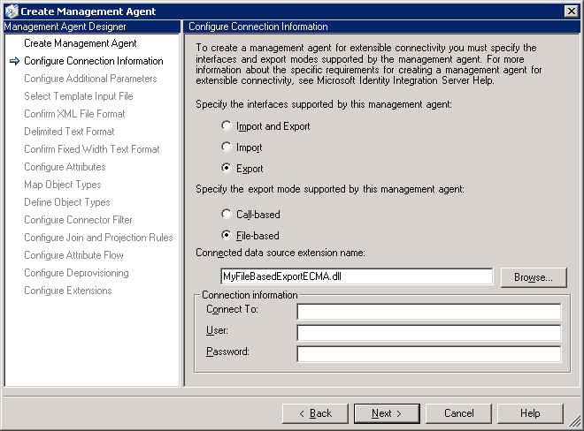 The Configure Connection Information page