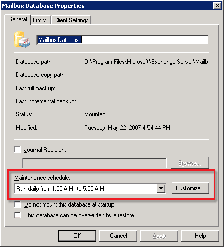 General Tab of the Database Properties