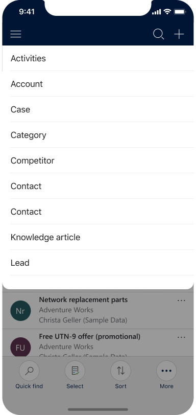 Model app mobile quick create menu