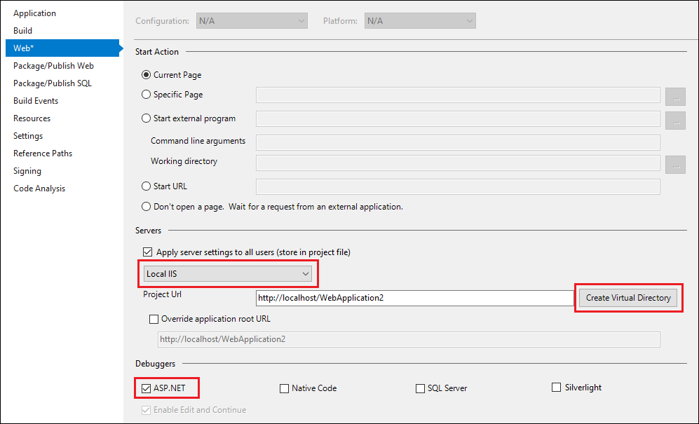 ASP.NET debugger settings