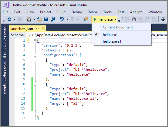 Debug configurations drop-down list