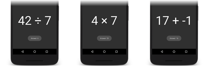 Screenshots of FlashCardPager app Toasts when math problem is tapped
