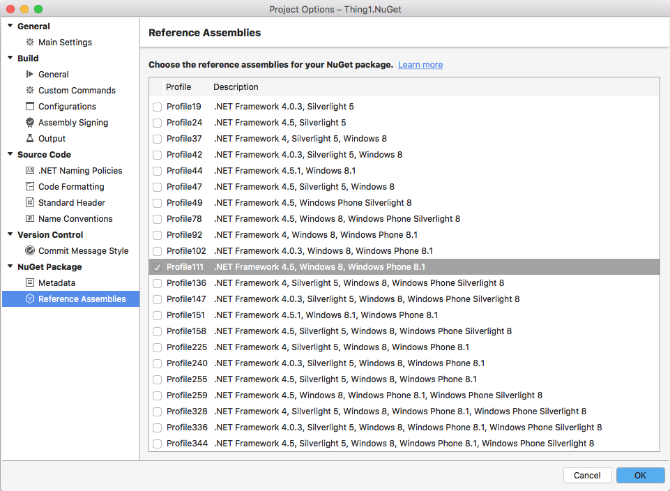 Also in the Project Options window, open the Reference Assemblies section and choose   which PCL profiles the shared library will support via bait and switch