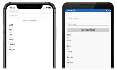 Screenshot of local SQLite.NET database data persistence, on iOS and Android