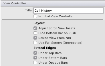 Change the view controller title to Call History in the Properties Pad