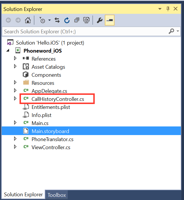 The CallHistoryController.cs file in the Solution Explorer